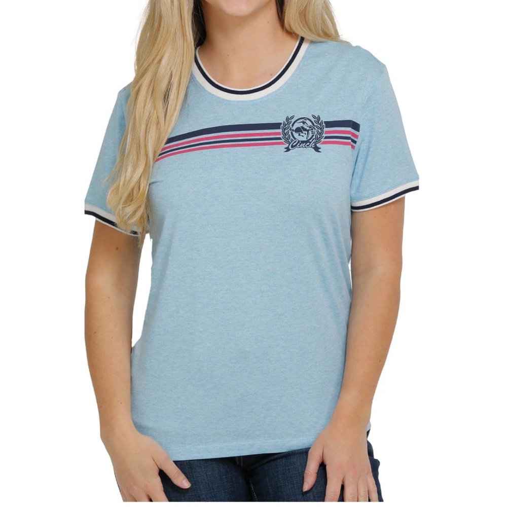 Cinch Western Cowgirl Graphic Tee Boyfriend Fit Striped T-Shirt Crewneck Relaxed